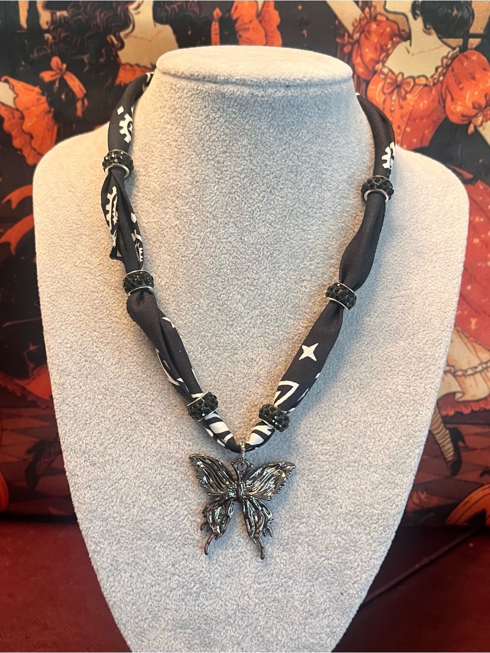 Black Butterfly Bandana Scarf Necklace with Bracelet